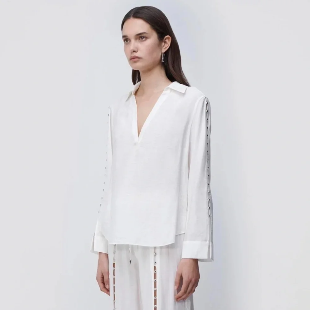 Jonathan Simkhai Stormy Beaded Ivory V-Neck Collar Long Sleeve Coverup Top NWT M - Picture 3 of 12